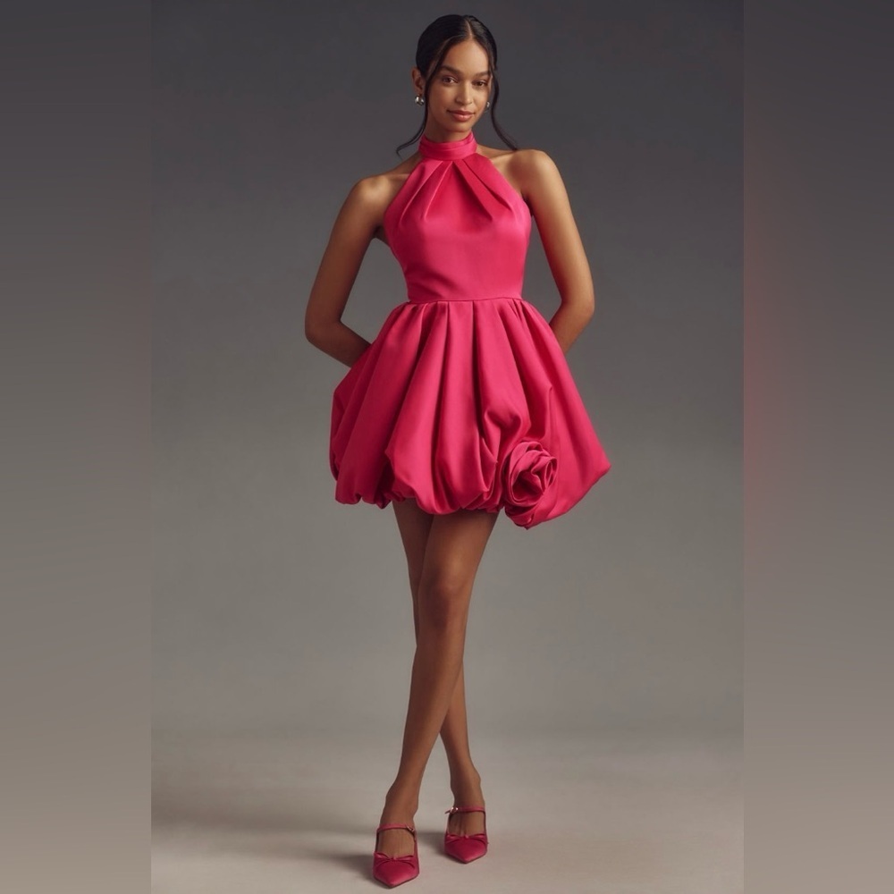 Mac Duggal Fuchsia Halter Bubble Mini Dress with Rosette